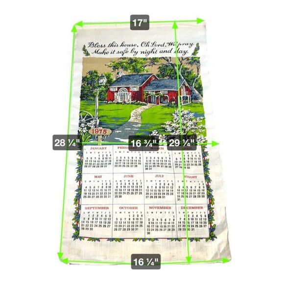 Vintage 1975 Linen Calendar Towel With Red Barn & Bless This House Print Retro - Picture 4 of 4